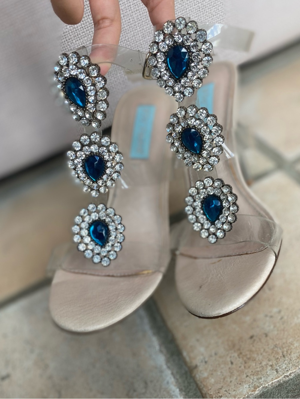 Betsey Johnson Clear Strap Heels with Blue Teardrop Rhinestones - Picture 5 of 12